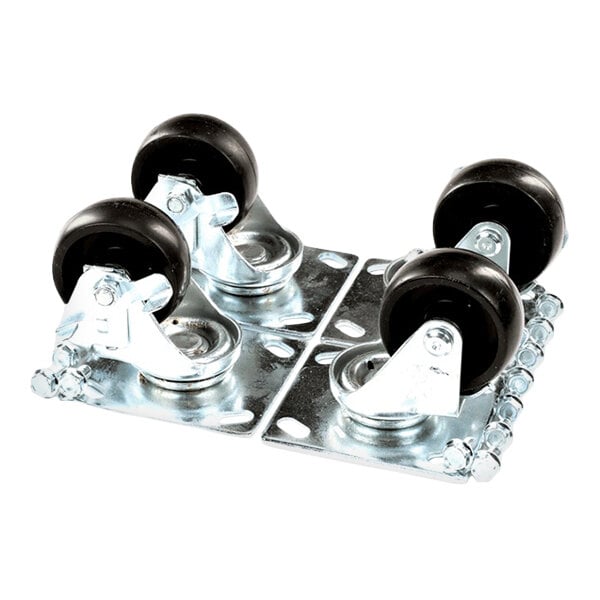 A set of four metal casters with black wheels mounted on metal plates.