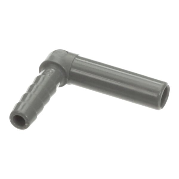 A gray plastic 90-degree fitting with a 5/16 inch stem and barb, used for connecting tubing.