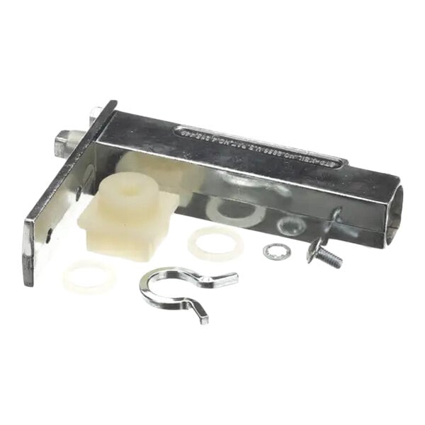 A metal cartridge hinge assembly with accompanying plastic and metal hardware components.