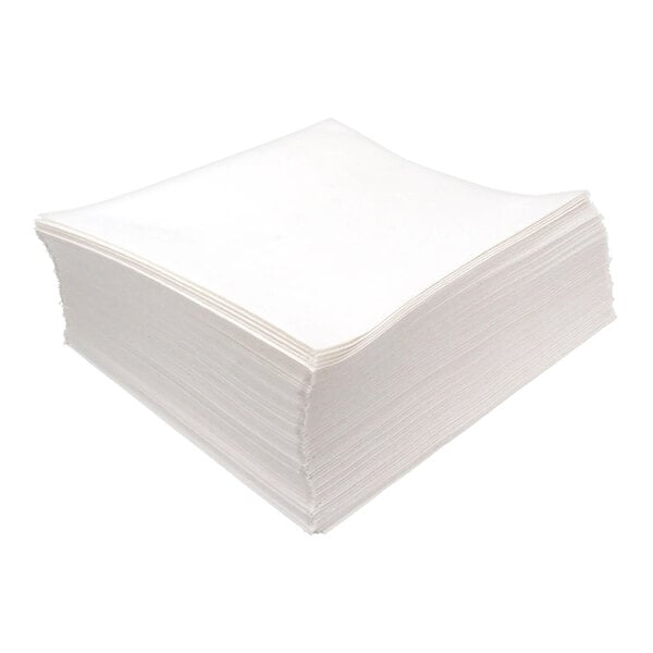 A stack of white rectangular paper filters measuring 17.5 by 19.5 inches, packaged in a set of 100.