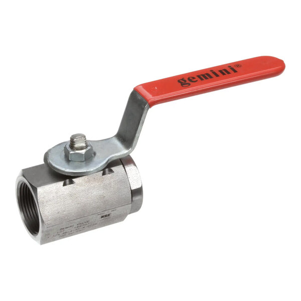 A metal ball valve with a red handle labeled 'gemini,' designed for 1 1/4 inch and 1 inch I.D. connections.