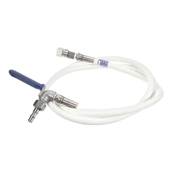 A 10-foot hose assembly for disposal shortening with metal fittings and a blue handle, designed for Ultrafryer Systems.