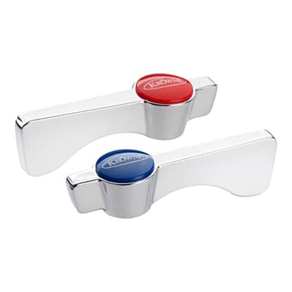 A pair of chrome faucet handles with red and blue caps from the Krowne Metal Corporation 21-306 Faucet Handle Repair Kit.