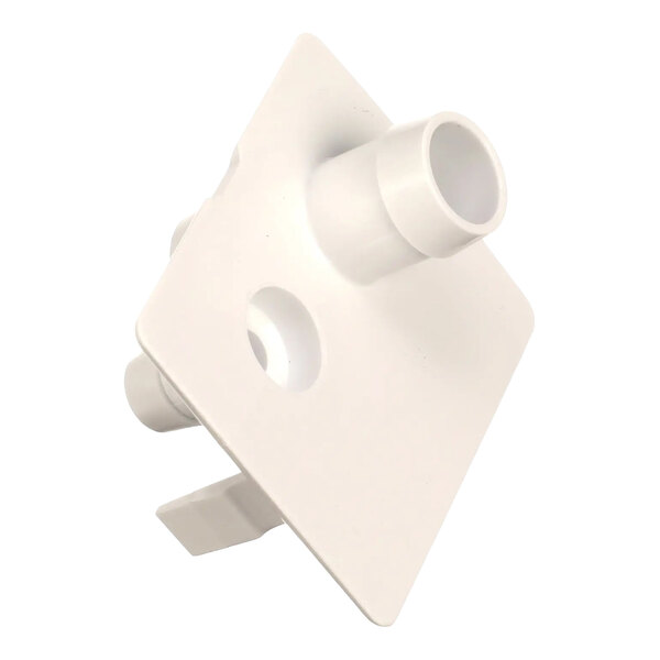 A white plastic bracket inlet/outlet component for Ice-O-Matic equipment.