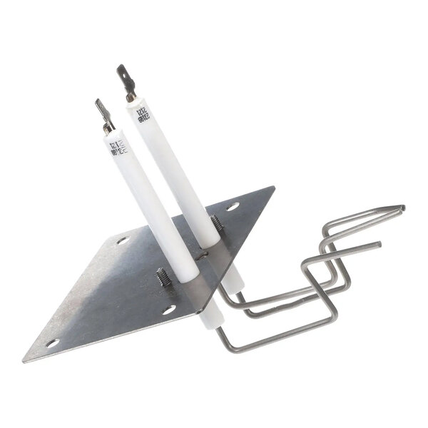 An electrode assembly for an infrared burner, featuring two ceramic rods mounted on a metal plate with attached metal prongs.