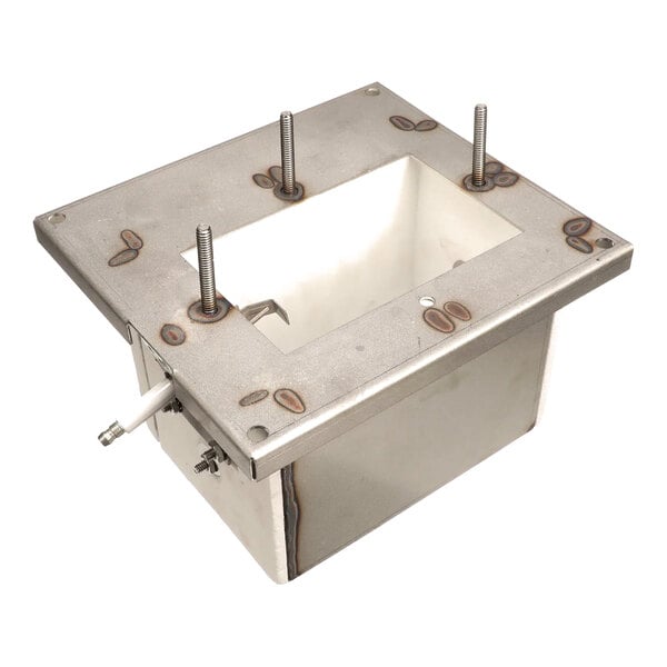 A stainless steel firebox assembly with mounting bolts and a side connector, designed for Ultrafryer Systems.