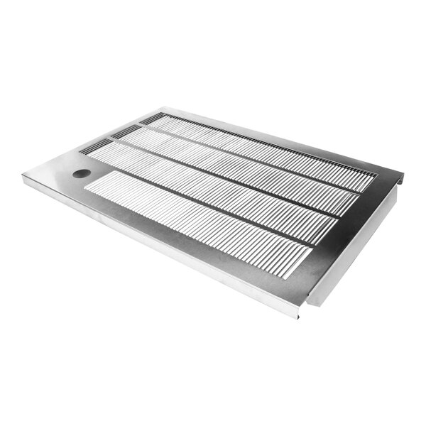 A rectangular metal louvered panel with multiple horizontal slats and a cutout on one side.