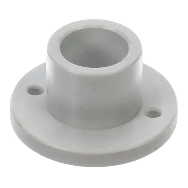 A round, gray plastic mounting flange with a central cylindrical opening and two screw holes for attachment.