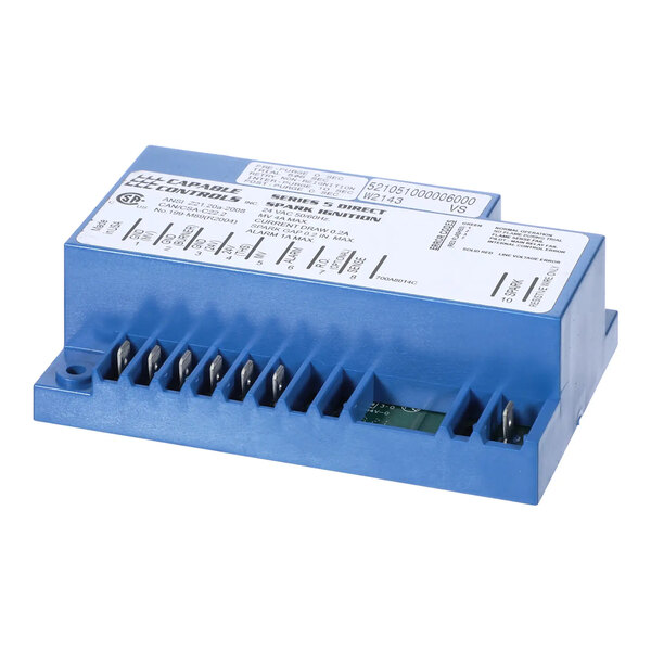 A blue electronic ignitor spark module for Ultrafryer Systems, model 18A378.