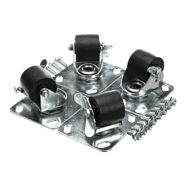 A set of four black and silver plate casters with mounting hardware.