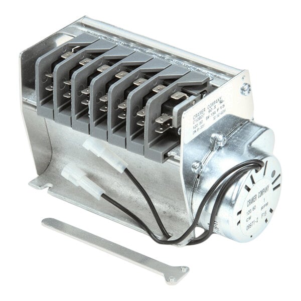 A metal and plastic 7-cam timer assembly with wiring and a mounting bracket, used for controlling cycles in commercial dishwashing equipment.