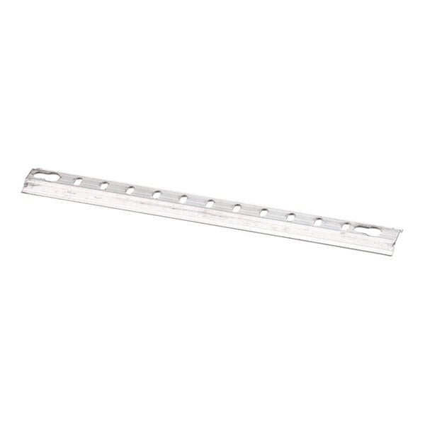 A metal pilaster keyhole strip with evenly spaced holes, used for shelving support.