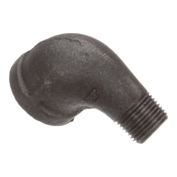 A black metal 90-degree street elbow reducer with a 1/2-inch female and 3/8-inch male threaded end.