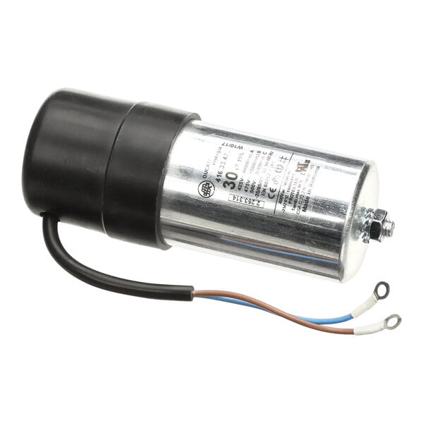 A cylindrical Delfield 3516682 run capacitor with a metal body, black plastic cover, and two attached wires, rated at 200 V and 30 microfarads.
