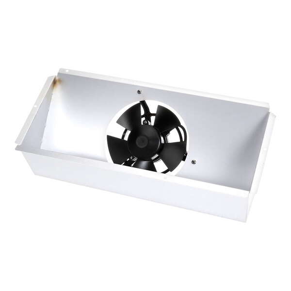 A rectangular metal fan assembly with a single black fan and three supporting legs.
