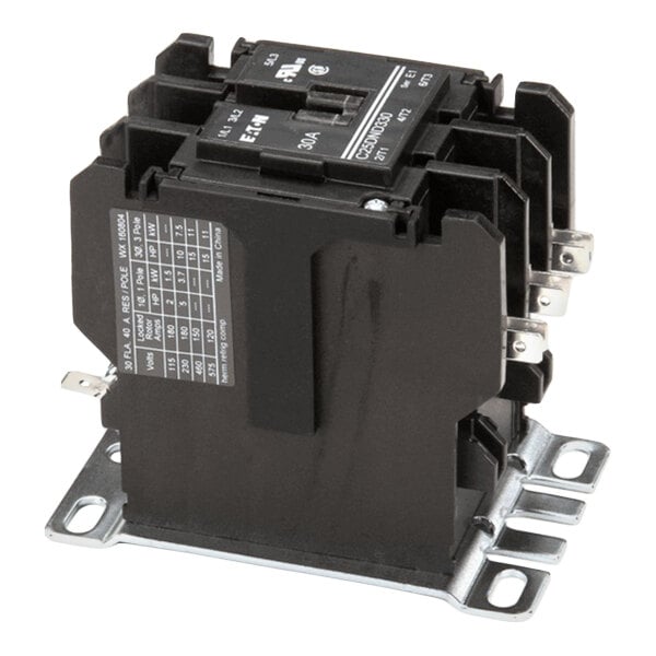 A black electrical contactor with metal mounting brackets and labeled terminals, used for controlling high-power circuits.