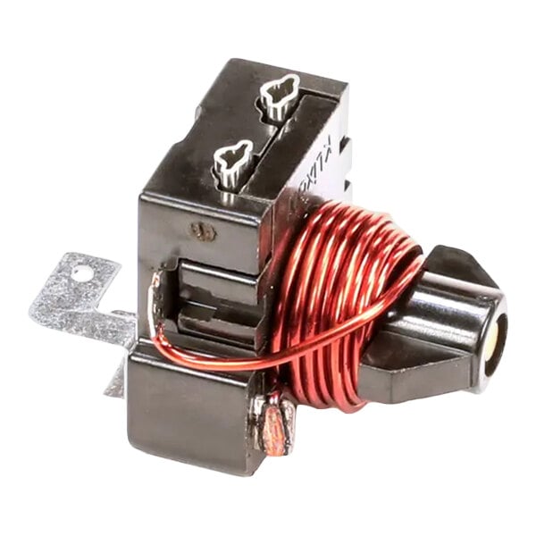 A compact electrical relay with a coiled copper wire and metal mounting bracket, used for compressor applications.