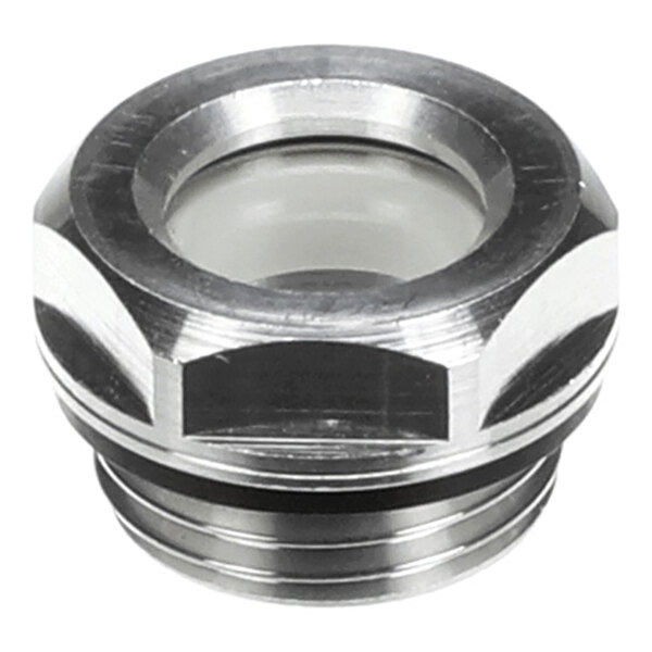 A metal sight glass fitting with a transparent center, used for visual inspection in equipment.