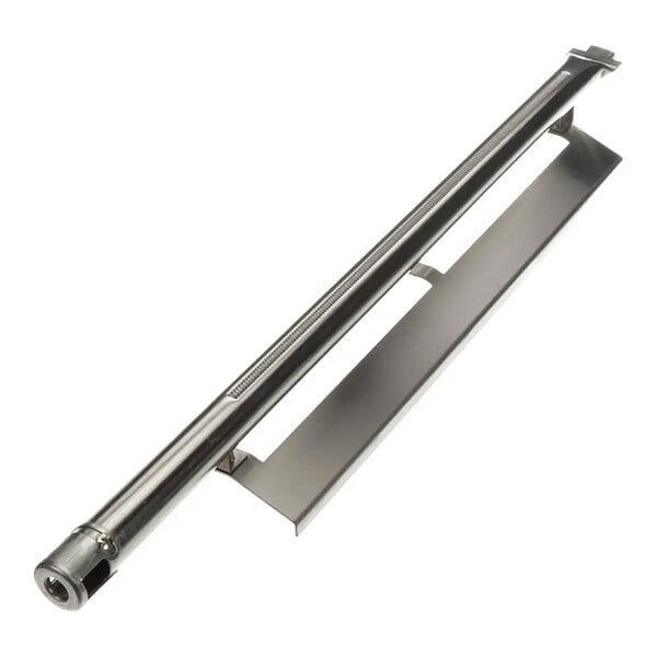 A stainless steel burner with an attached deflector and bracket for a Jade Range appliance.