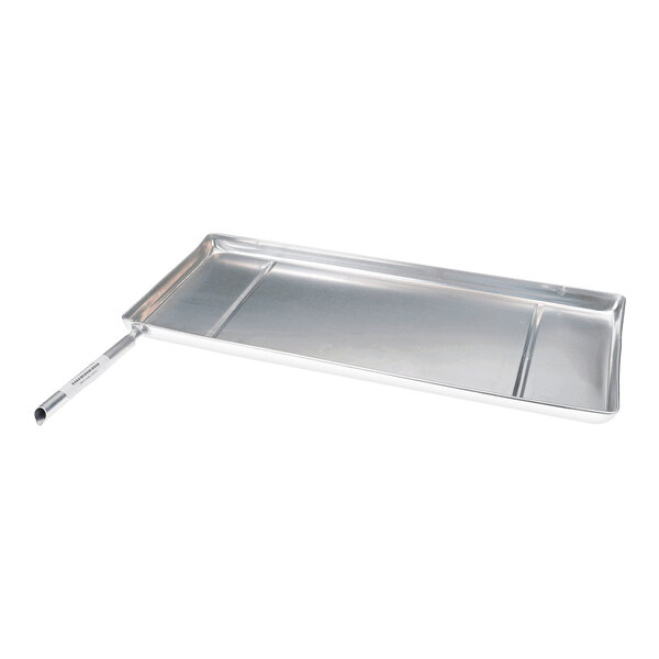 A large rectangular metal drip pan with a handle on one side.
