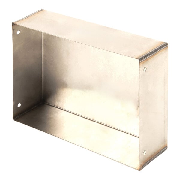 A rectangular stainless steel pan with four corner holes, used as a condensate pan for refrigeration equipment.