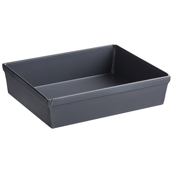 A rectangular hard coat anodized aluminum Detroit-style pizza pan.