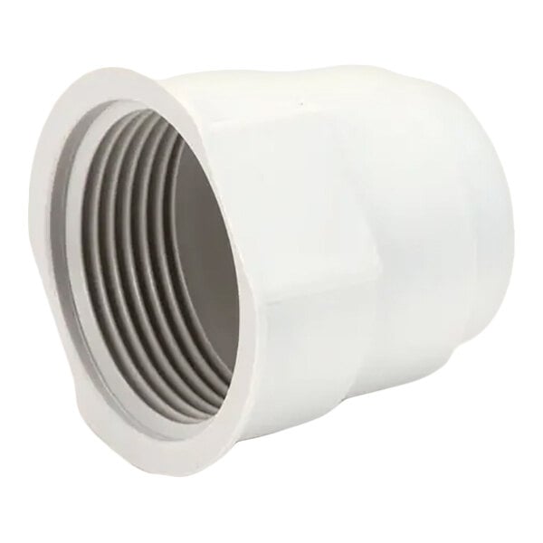 A white plastic threaded pipe fitting component.
