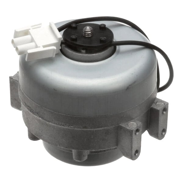 A metal Ice-O-Matic 1011448-75 fan motor with a connector and mounting brackets.