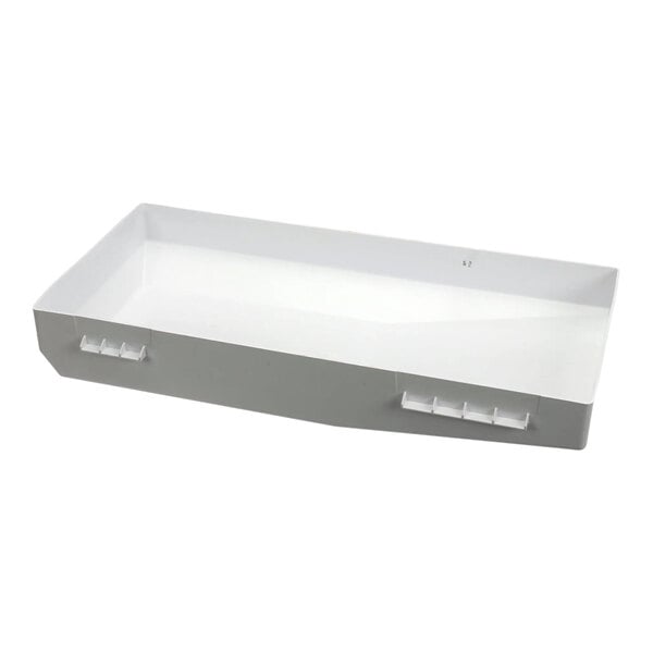 A white rectangular plastic sump tray for a single evaporator, designed for use with Ice-O-Matic ice machines.