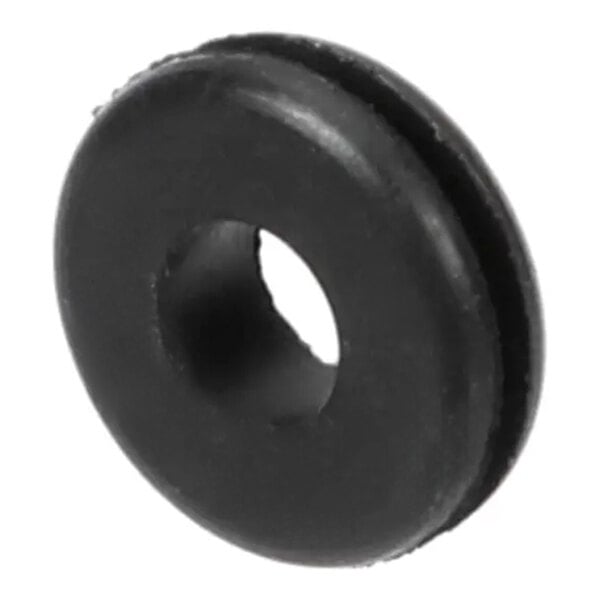 A black rubber split grommet with a central hole, used for protecting or insulating wires or cables.