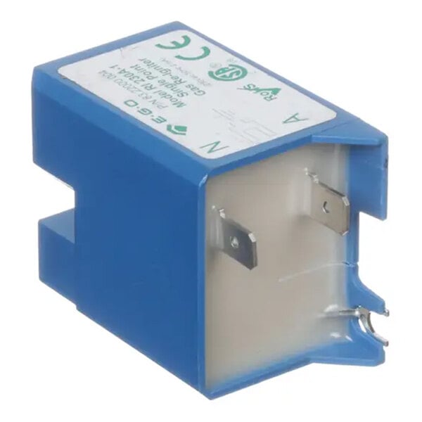 A blue rectangular Jade Range Tytronics Ri 230A-1 reigniter module with metal prongs for electrical connections.