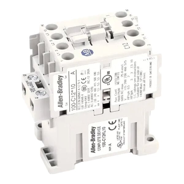 A 3-pole electrical contactor labeled Allen-Bradley, used for controlling power circuits.