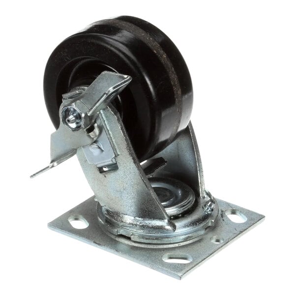 A heavy-duty caster with a 4-inch wheel and side brake, mounted on a metal plate.