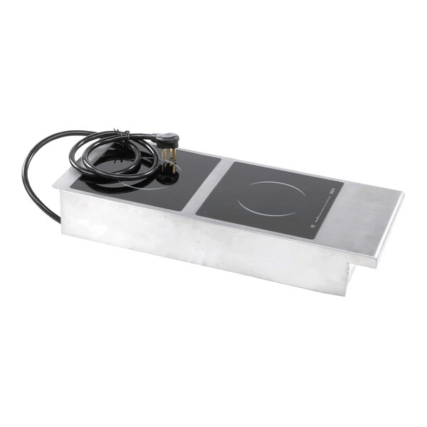 A stainless steel double burner induction cooktop with a black glass surface and attached power cord.