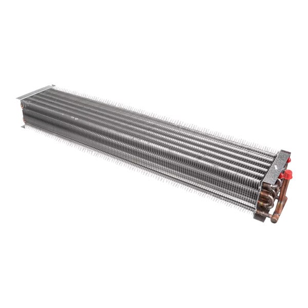 An industrial evaporator coil unit with metal fins and copper tubing, designed for refrigeration systems.