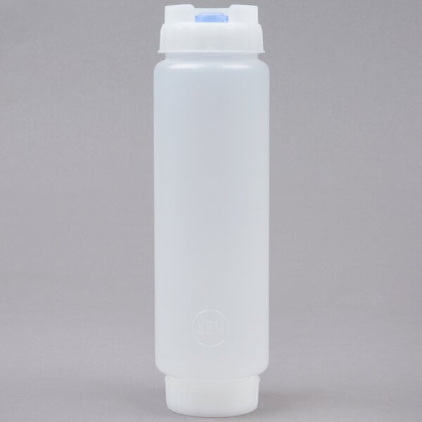 A translucent 16 oz. squeeze bottle with a thick dispensing valve, designed for food service use.