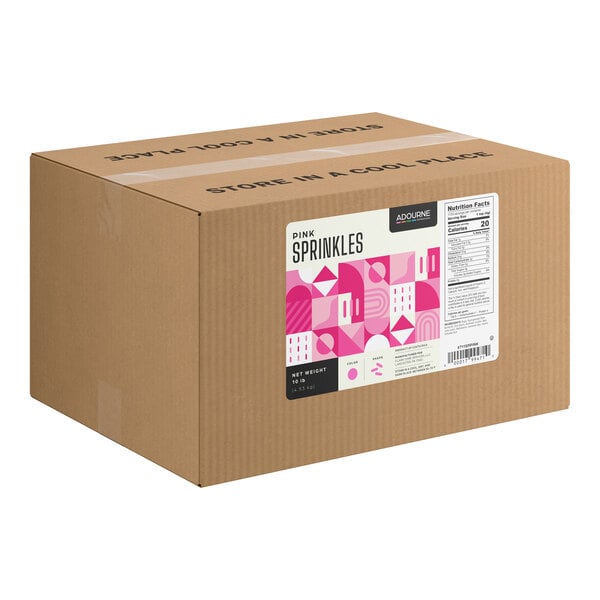 A large brown cardboard box with a colorful pink and white label indicating it contains pink sprinkles.