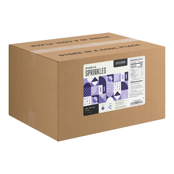 A large brown cardboard box with a label indicating it contains purple sprinkles, featuring abstract purple designs and nutritional information.
