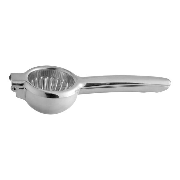A stainless steel handheld lemon juicer or squeezer with a ridged bowl and long handles.