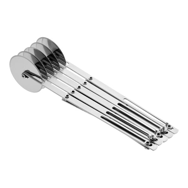 A stainless steel expandable pastry and dough cutter with five wheels.