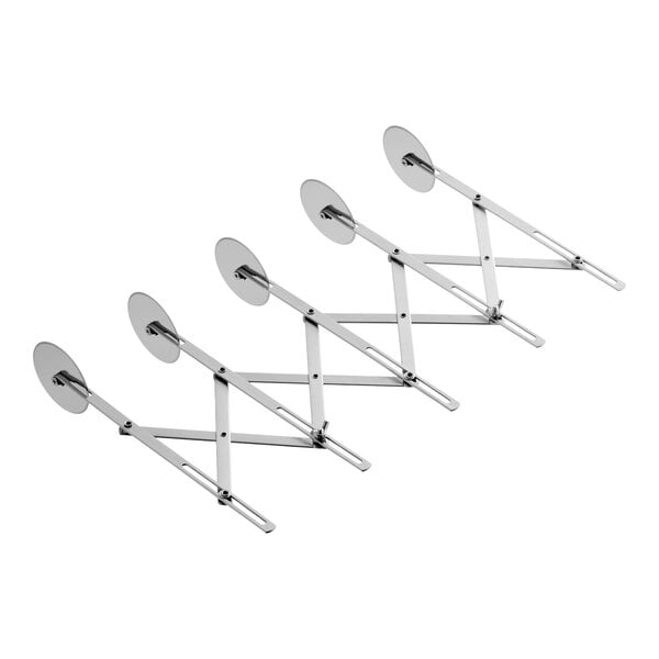 An expandable stainless steel pastry and dough cutter with five wheels.
