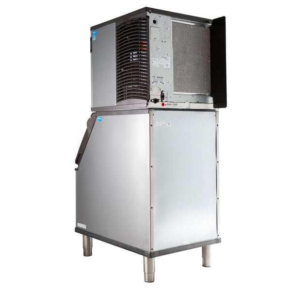 A commercial ice machine with a storage bin, designed for producing and storing ice cubes.