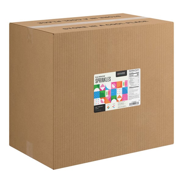 A large brown cardboard box with a colorful label indicating it contains rainbow sprinkles.