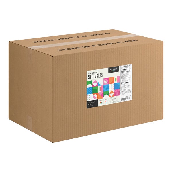 A large brown cardboard box with a colorful label indicating it contains rainbow sprinkles and nutritional information.