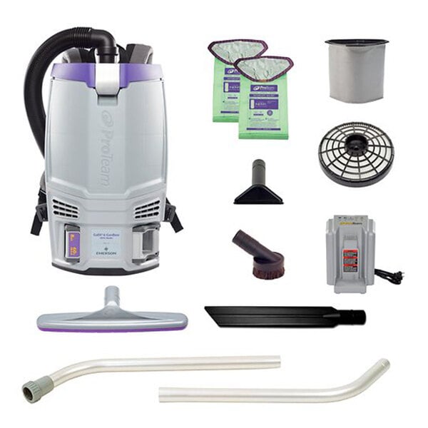 A cordless backpack vacuum cleaner kit with various attachments, filters, bags, and a two-piece wand.
