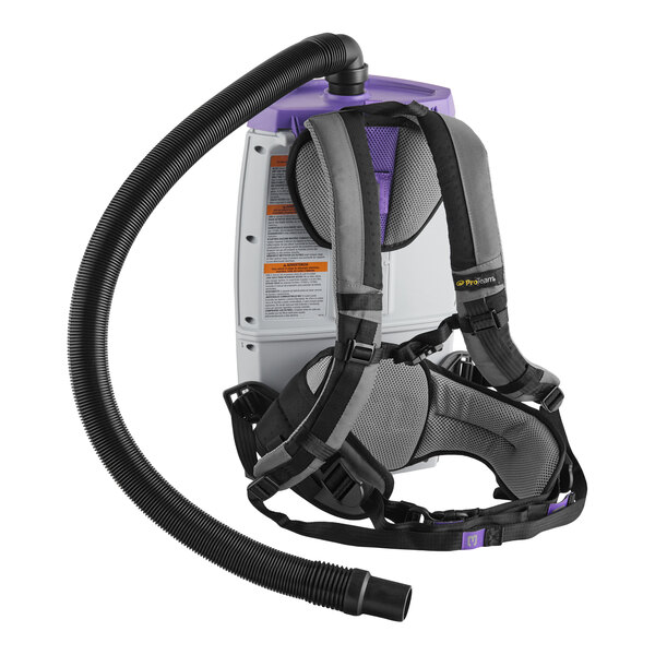 A cordless backpack vacuum cleaner with padded shoulder straps and a flexible hose attachment.