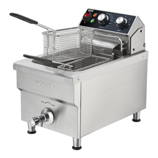 A stainless steel commercial countertop deep fryer with a control panel, fryer basket, and oil drain valve.
