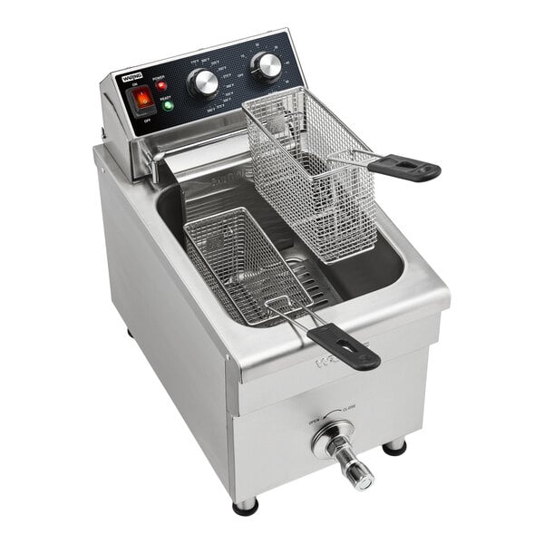 A stainless steel commercial countertop deep fryer with two fryer baskets and control knobs.