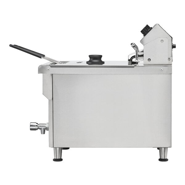 A stainless steel heavy-duty commercial countertop deep fryer with a side handle and control panel.