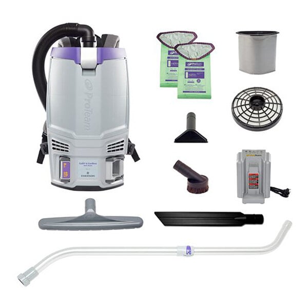 A cordless backpack vacuum cleaner with various attachments and accessories, including a telescoping wand, filters, bags, and charger.